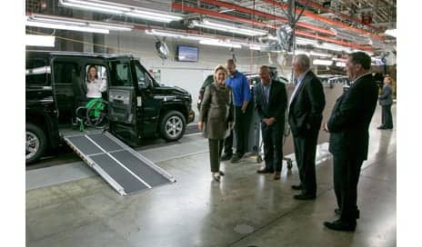 Hillary Clinton Tours AM General Plant, Witnesses Demo of MV-1 Vehicle