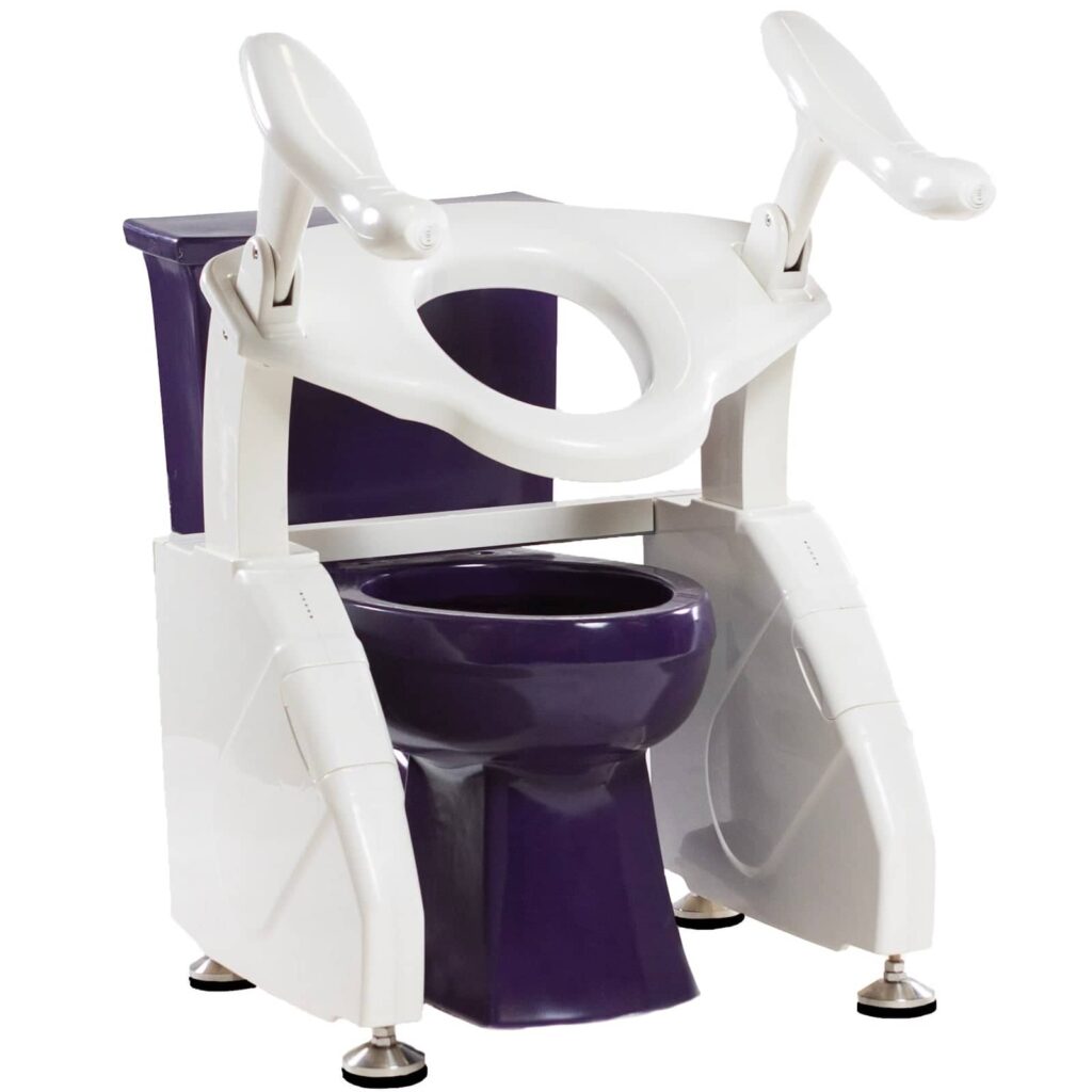 Dignity Lifts DL2 toilet lift shown lifted with arms down over a purple toilet